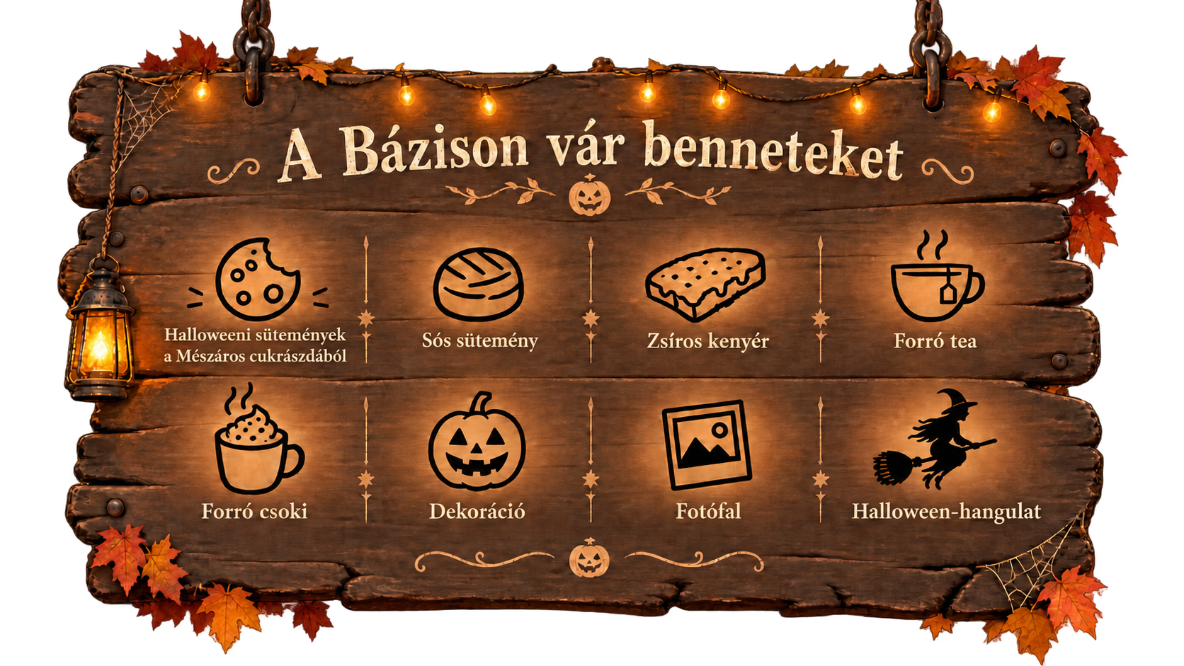A Bázison vár benneteket: Halloweeni sütemények a Mészáros cukrászdából, sós sütemény, zsíros kenyér, forró tea, forró csoki, dekoráció, fotófal és Halloween-hangulat.