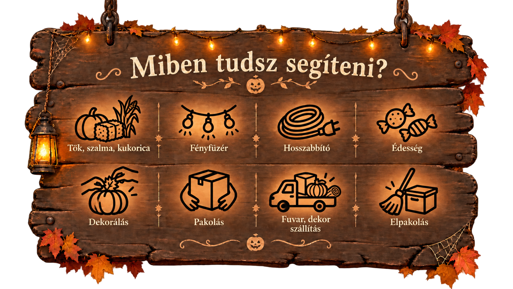 Miben tudsz segíteni? Tök, szalma, kukorica; fényfüzér; hosszabbító; édesség; dekorálás; pakolás; fuvar és dekor szállítás; elpakolás.